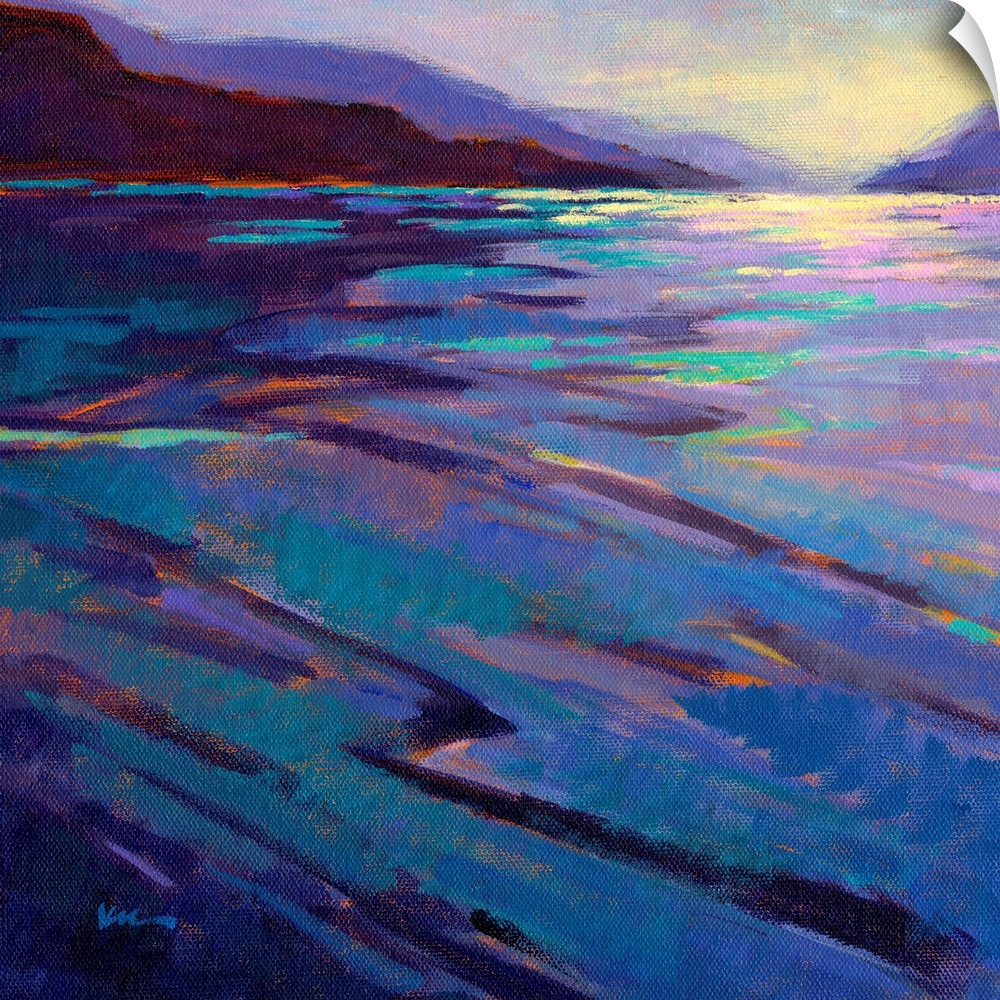 A square contemporary painting in colorful brush strokes of waves in the water by moonlight.