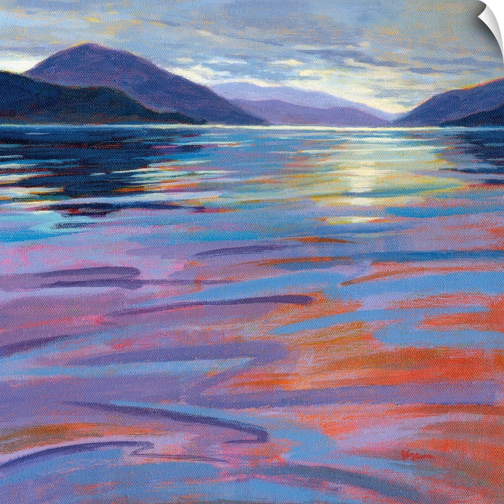 A square contemporary painting in colorful brush strokes of waves in the water by sunrise.