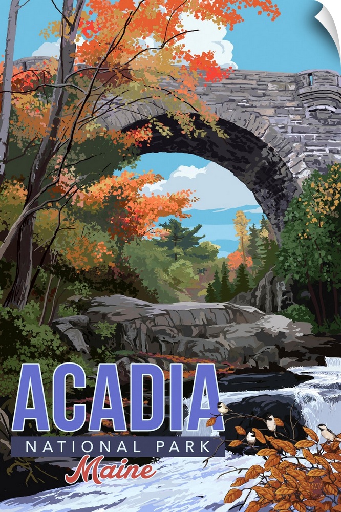 Acadia National Park, Duck Brook Bridge: Retro Travel Poster
