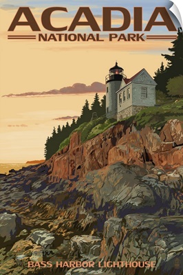 Acadia National Park, Maine - Bass Harbor Lighthouse: Retro Travel Poster