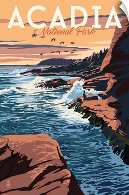 Acadia National Park, Rocky Beach: Retro Travel Poster