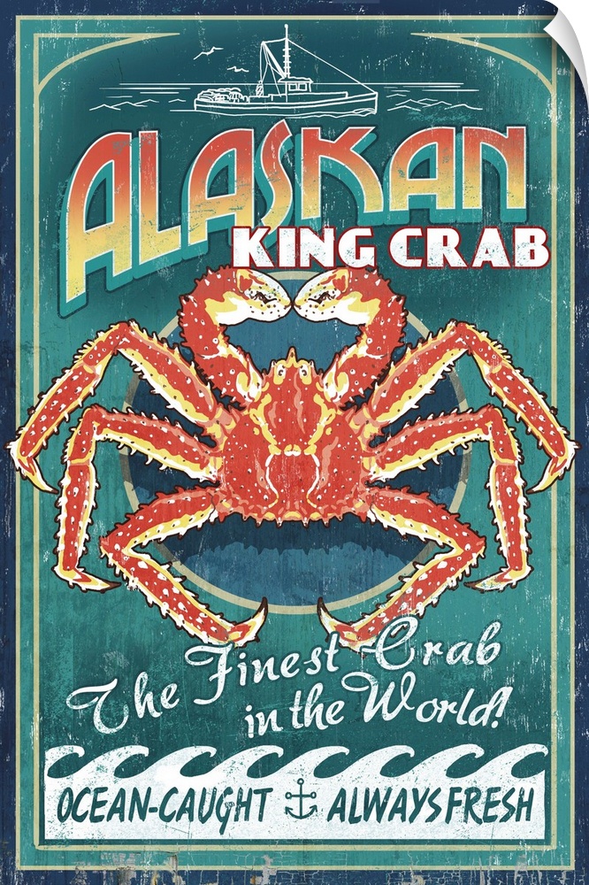 Retro stylized art poster of a vintage seafood market sign displaying a king crab.