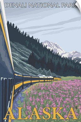 Alaska Railroad Scene - Denali National Park, Alaska: Retro Travel Poster