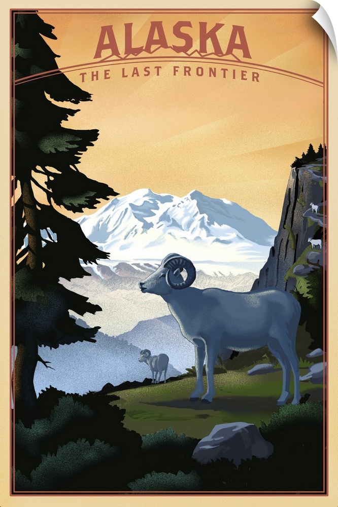 Alaska - The Last Frontier - Dall Sheep & Mountain - Lithograph