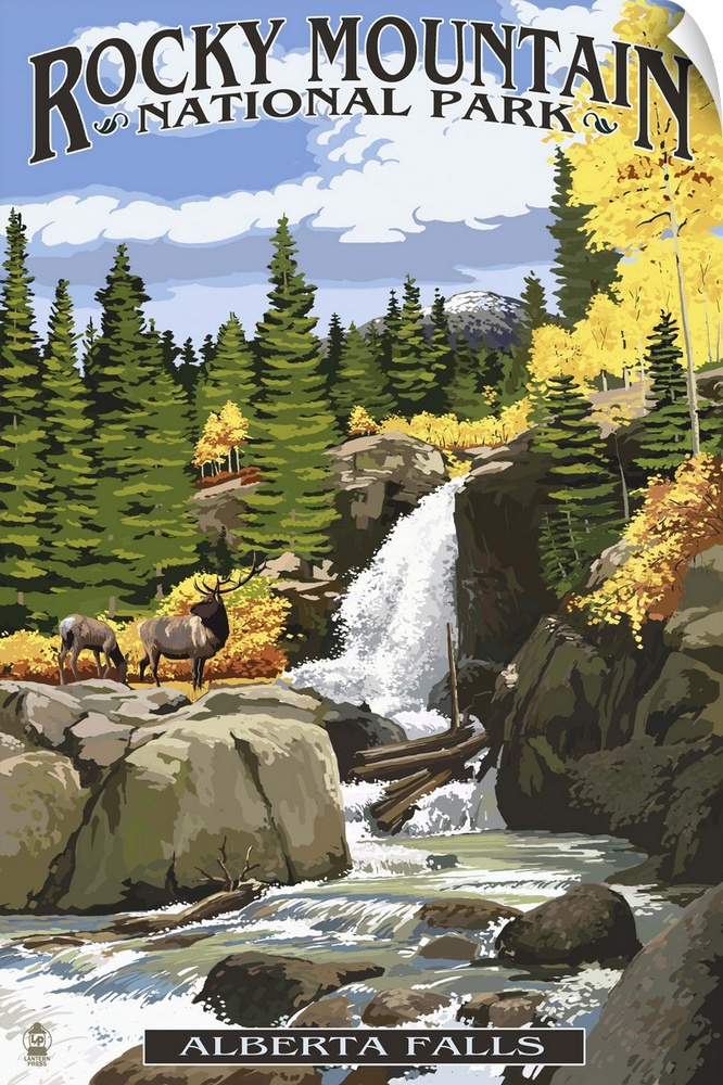 Retro stylized art poster of a wilderness scene with with a rocky waterfall, and surrounding trees.