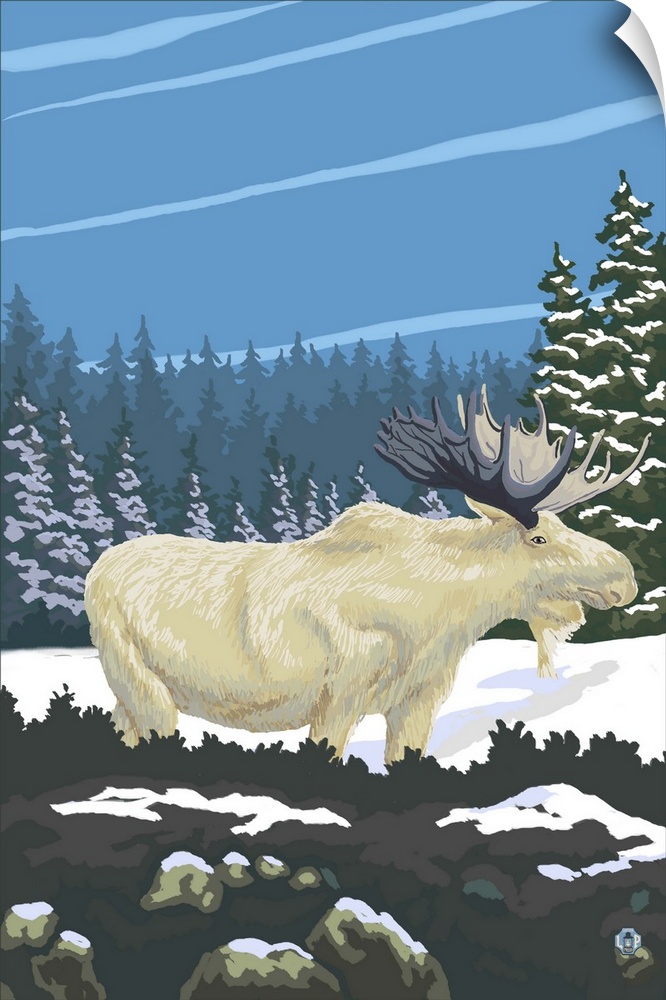 Retro stylized art poster of an albino moose grazing in the wilderness.