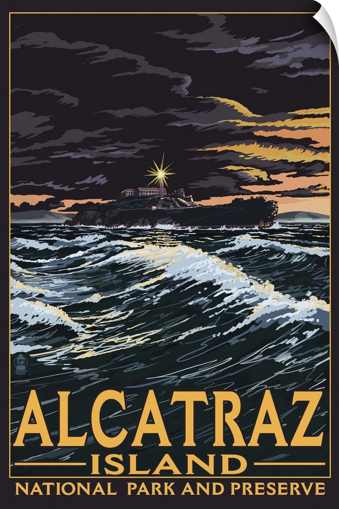 Alcatraz Island Night Scene - San Francisco, CA: Retro Travel Poster