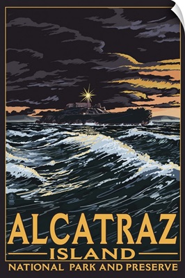 Alcatraz Island Night Scene - San Francisco, CA: Retro Travel Poster