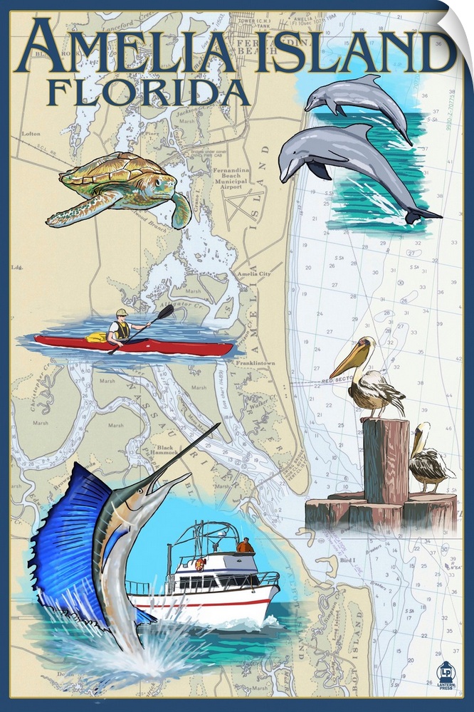 Amelia Island, Florida - Nautical Chart: Retro Travel Poster