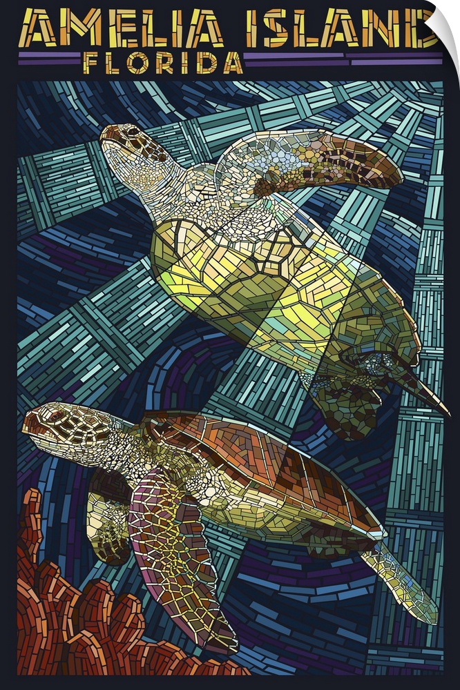 Amelia Island, Florida - Sea Turtle Mosiac: Retro Travel Poster