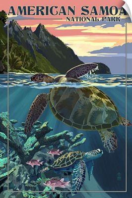 American Samoa National Park, Sea Turtle Swimming: Retro Travel Poster