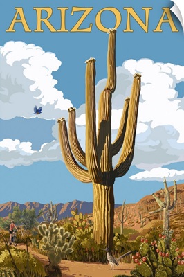 Arizona - Saguaro and Roadrunner: Retro Travel Poster