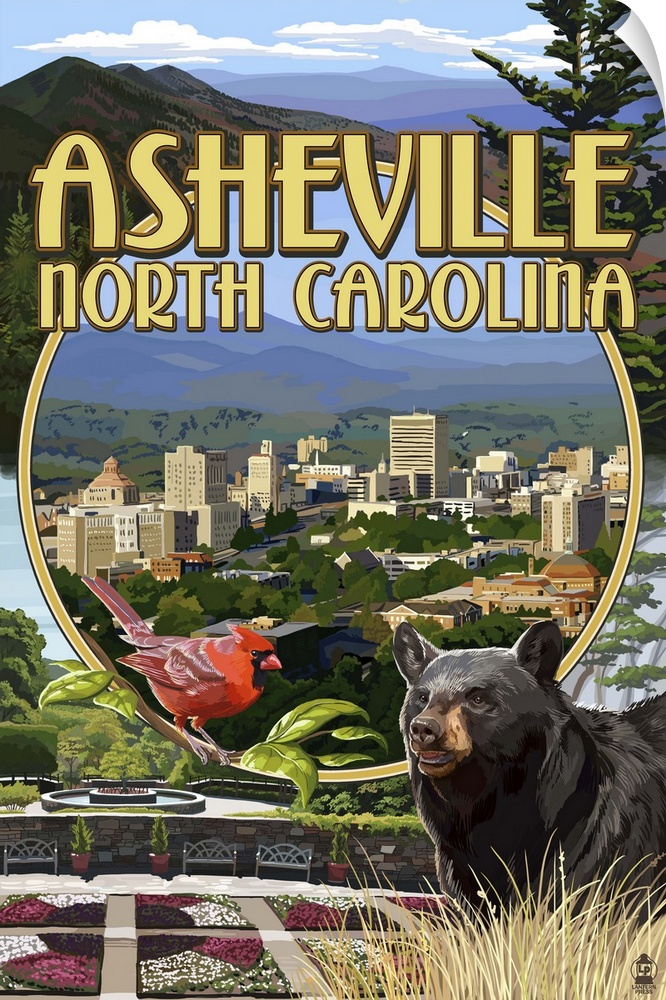 Retro stylized art poster of a montage of images from Asheville North Carolina.