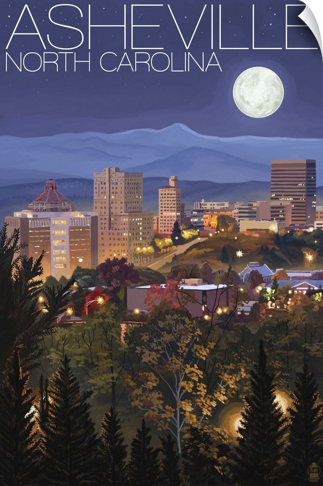Retro style artwork of the contemporary city skyline under the moonlight with mountain peaks in the background.
