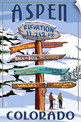 Aspen, Colorado - Ski Signpost: Retro Travel Poster