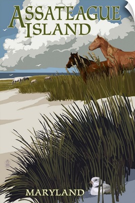 Assateague Island, Maryland - Horses and Dunes: Retro Travel Poster