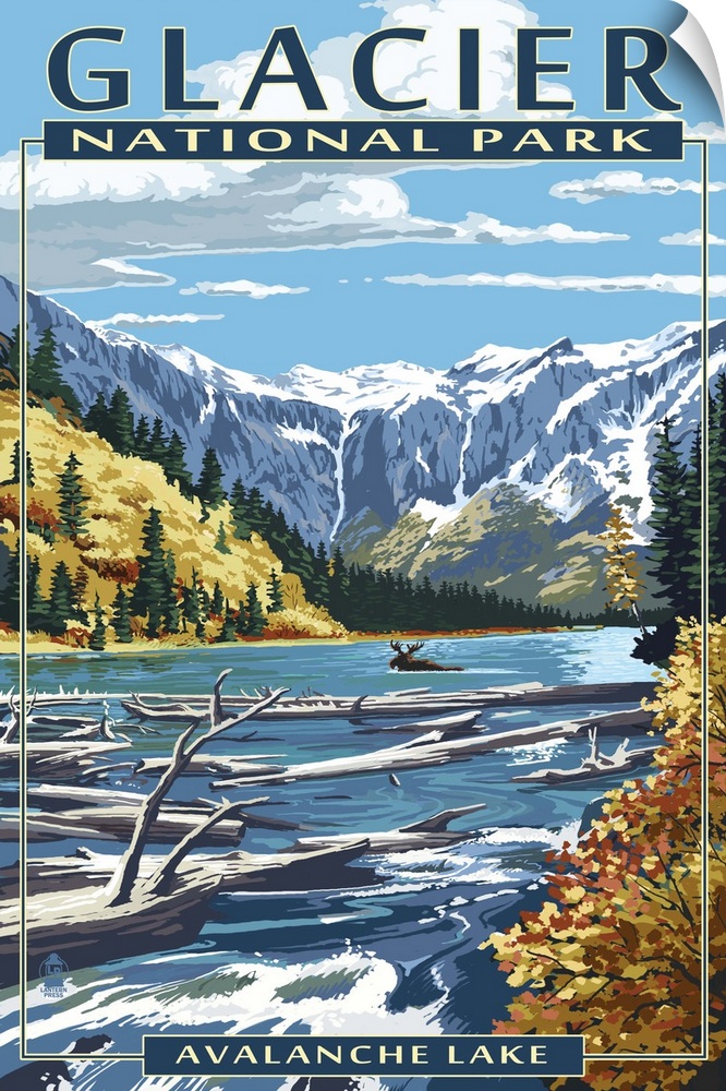 Retro inspired artwork of snow covered mountains, a bull moose swimming through a river, and a log jam in the foreground o...