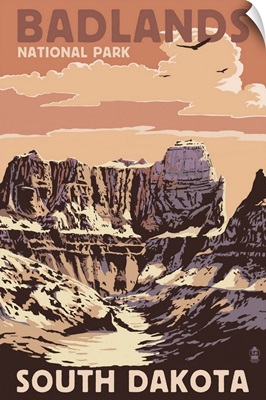 Badlands National Park, South Dakota - Castle Rock: Retro Travel Poster