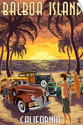 Balboa Island, California - Woodies on the Beach: Retro Travel Poster