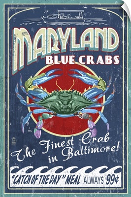 Baltimore, Maryland - Blue Crabs Vintage Sign: Retro Travel Poster