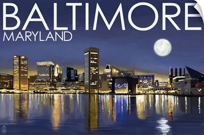 Baltimore, Maryland - Skyline at Night: Retro Travel Poster