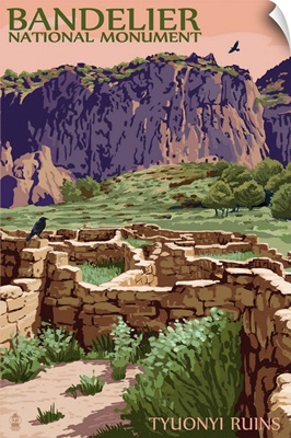 Bandelier National Monument, New Mexico - Tyuonyi Ruins: Retro Travel Poster
