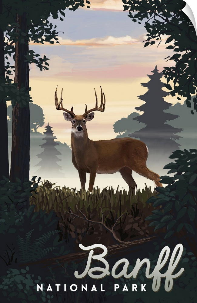 Banff National Park, Deer: Retro Travel Poster