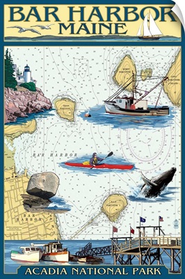 Bar Harbor, Maine - Nautical Chart: Retro Travel Poster