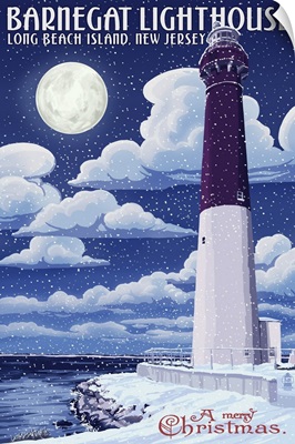 Barnegat Lighthouse Winter Scene - New Jersey Shore: Retro Travel Poster