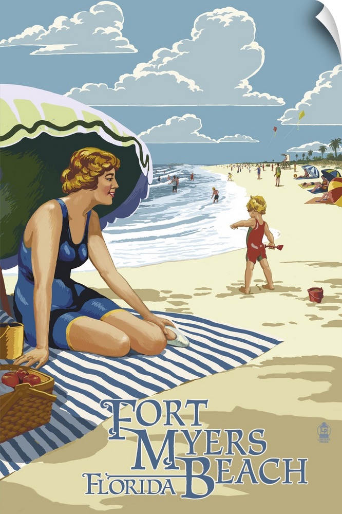 Retro stylized art poster of a woman sitting on a blanket under an umbrella on a beach.