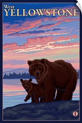 Bear and Cub - West Yellowstone, Montana: Retro Travel Poster