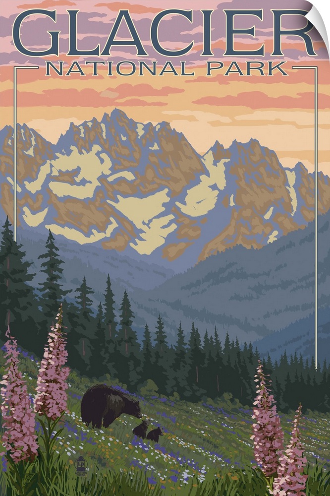 Bear and Cubs with Flowers - Glacier National Park, Montana: Retro Travel Poster
