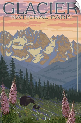 Bear and Cubs with Flowers - Glacier National Park, Montana: Retro Travel Poster