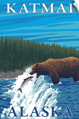 Bear Fishing in River - Katmai, Alaska: Retro Travel Poster