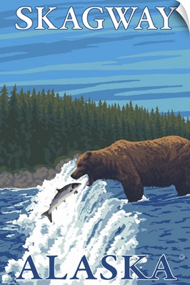Bear Fishing in River - Skagway, Alaska: Retro Travel Poster