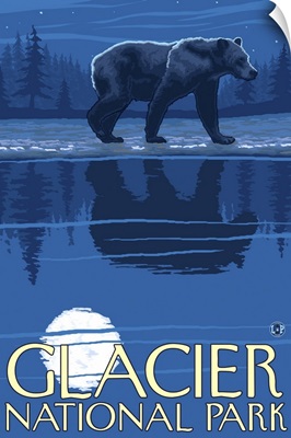 Bear in Moonlight - Glacier National Park, Montana: Retro Travel Poster