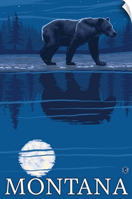 Bear with Moonlight - Montana: Retro Travel Poster