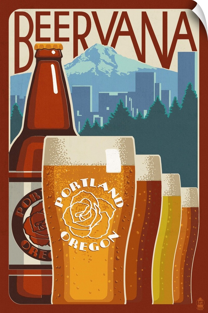 Retro stylized art poster of pint glasses in a row of filled with different types of beer in front of a stylized city skyl...