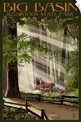 Big Basin Redwoods State Park - Deer and Fawns: Retro Travel Poster