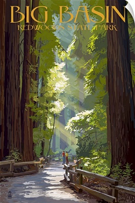 Big Basin Redwoods State Park - Pathway in Trees: Retro Travel Poster