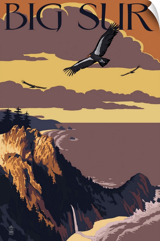 Retro stylized art poster of a beach cliff landscape scene at sunset where vultures circle overhead.