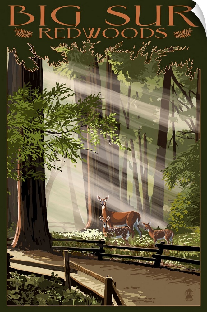 Retro stylized art poster of a family of deer in sunlit forest.