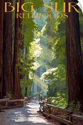 Big Sur, California - Pathway and Hikers: Retro Travel Poster