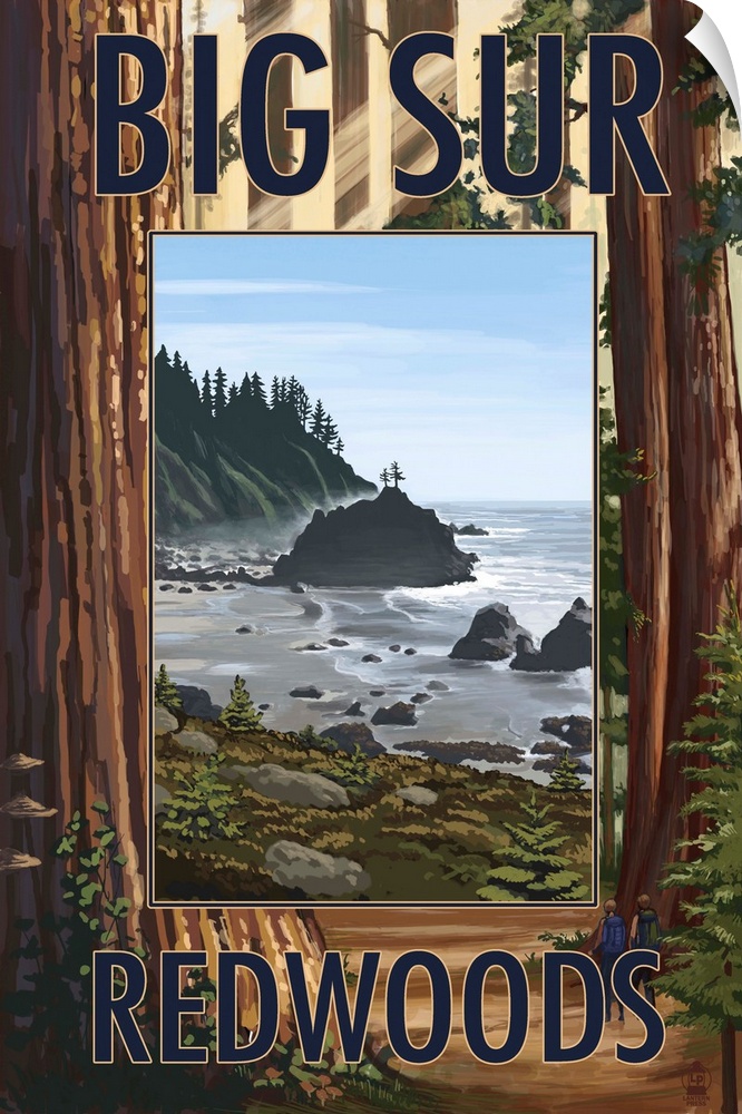 Retro stylized art poster of beach viewed through massive redwood trees.
