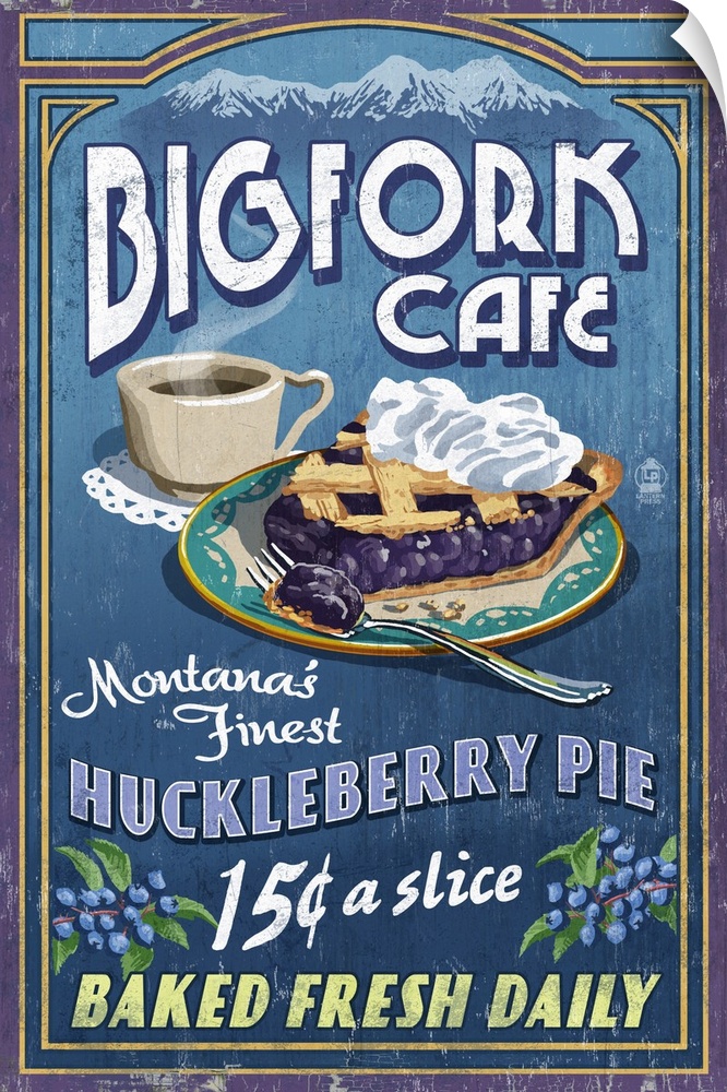 Retro stylized art poster advertising a latice crust pie and a cup of coffee along with typography describing a ficticious...