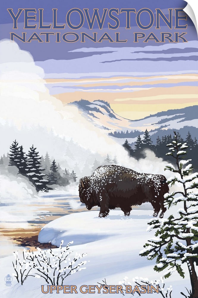 Bison Snow Scene - Yellowstone National Park: Retro Travel Poster