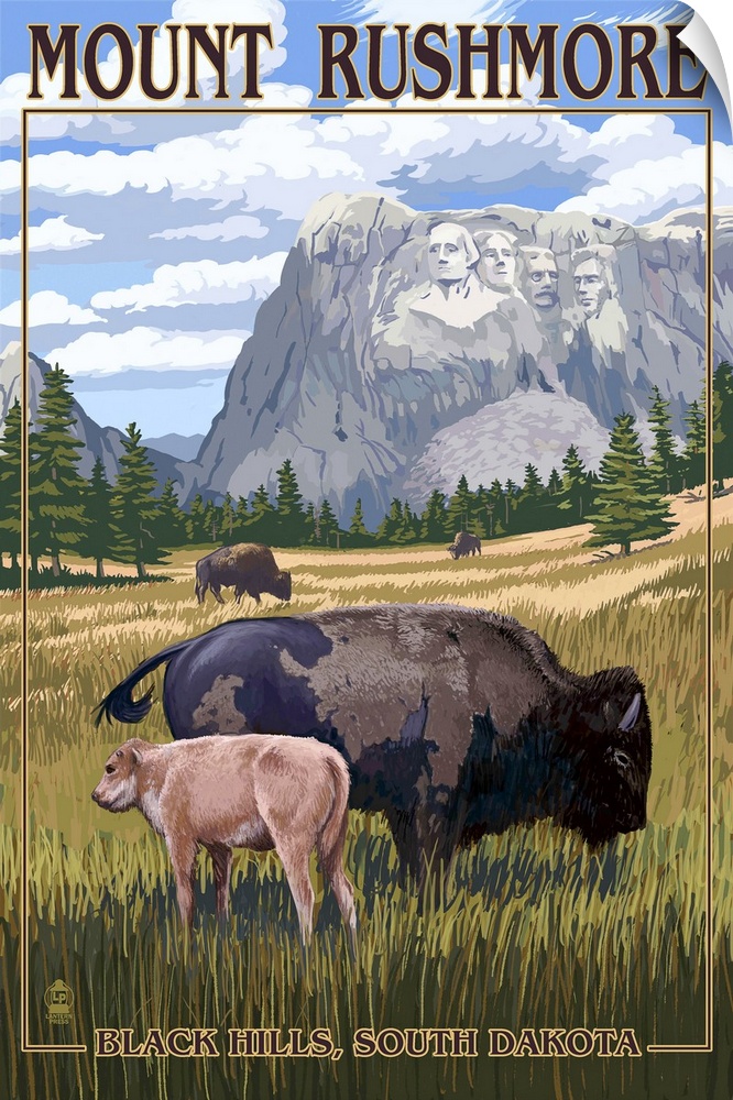 Retro stylized art poster of a mother bison and calf, grazing in a field, beneath mount Rushmore.
