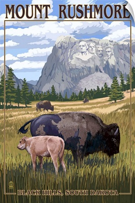Black Hills, South Dakota - Bison Grazing: Retro Travel Poster