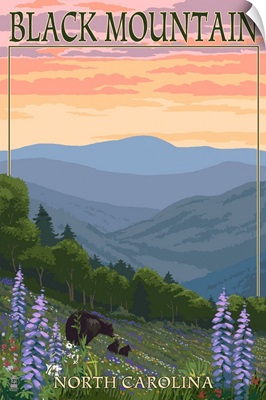 Black Mountain, North Carolina - Spring Flowers and Bear Family: Retro Travel Poster