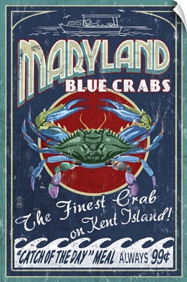 Blue Crabs Vintage Sign - Kent Island, Maryland: Retro Travel Poster